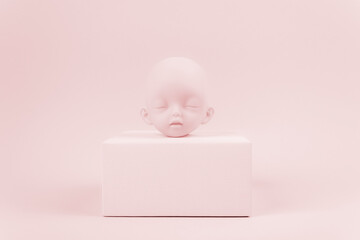 Doll head on the podium in pink background. Children's fashion background. Beauty concept. Abstract...