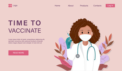 Time to vaccinate. Landing page template. Modern flat concept for web design. Vector illustration with an afro american woman in medical uniform, face protection mask and syringe.