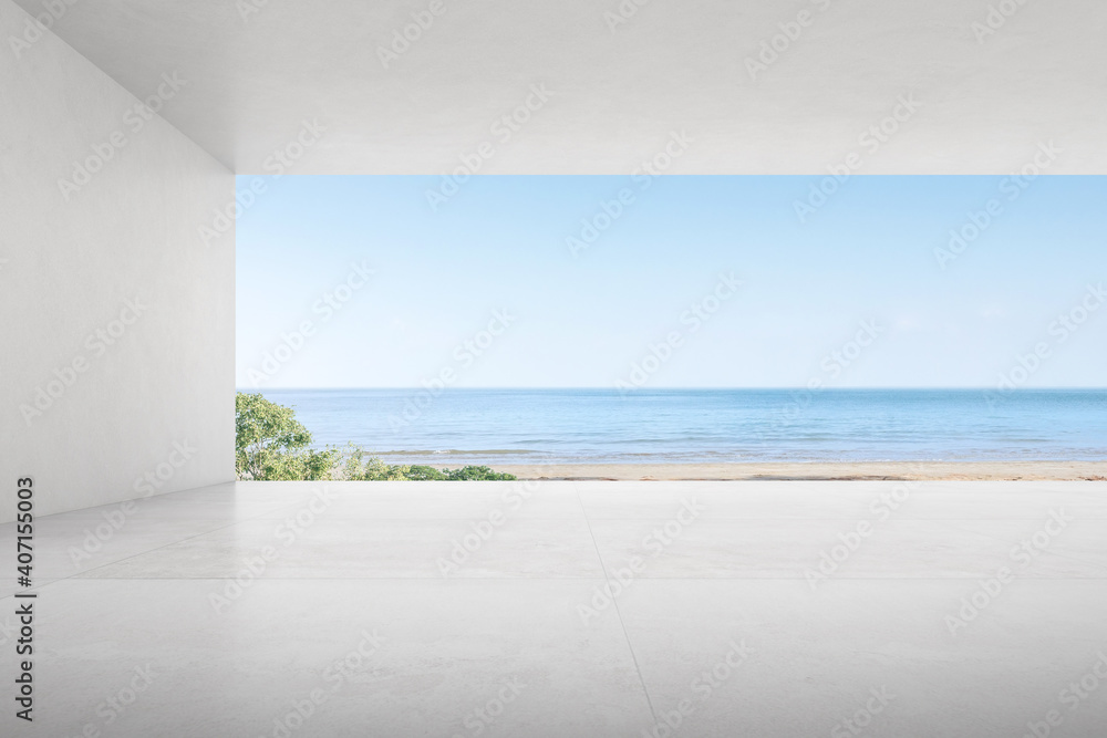 Aufkleber 3d render of empty concrete room with large window on the sea background.