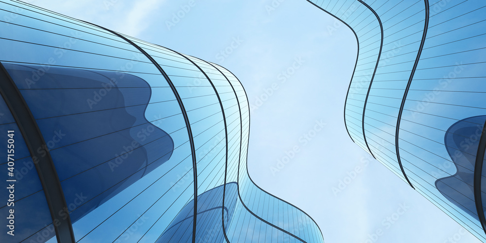 Poster low angle view of futuristic architecture, skyscraper of office building with curve glass window, 3d
