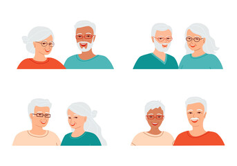 Set of avatars of smiling gray haired senior people of different nationalities. Diverse mature couples. Collection of portraits grandmothers and grandfathers.  Isolated vector illustrations.