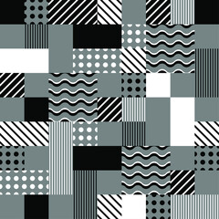 Fototapeta premium Seamless pattern. Square tiles with chaotic ornament of waves, stripes and dots. Abstract modern endless background for fabric and fashion terxtile print. Vector illustration.