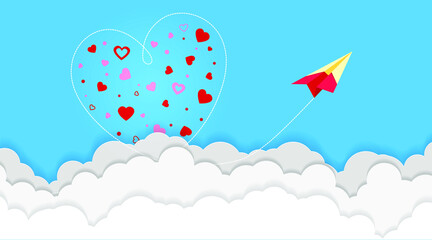 Vector illustration, background. Valentine's Day. Paper plane. Hearts.