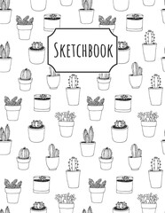 Cactus vector seamless background, sketchbook illustration with hand drawn cactus isolated on white background