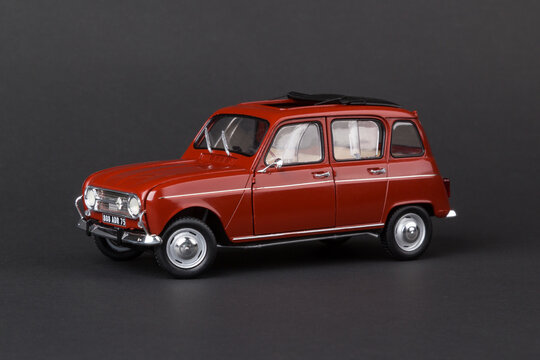 Photo of the assembled Renault 4 1:24 scale model car isolated on gray background, Kazakhstan, Almaty, June, 09, 2018