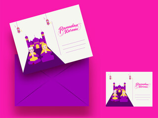 Front And Back View Of Ramadan Kareem Greeting Card With Editable Envelope On Pink Background.
