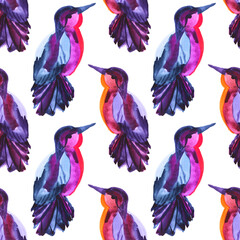 Seamless pattern watercolor purple, pink, orange abstract bird on white background. Hand-drawn art creative animal object for card, wallpaper, wrapping, sticker, textile