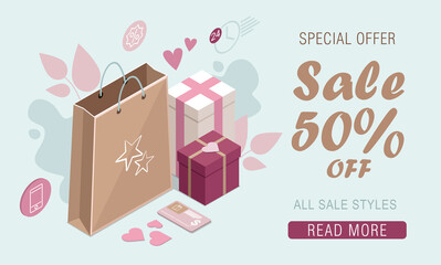 Happy Valentine s Day. Gifts and paper bag. Isometric sale banner