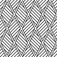 Geometric shapes made of stripes. Black and white color. Simple design in geometric composition. Seamless pattern. Vector illustration for web design or print. 