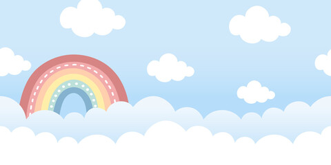 Sky background with rainbow and clouds in pastel colors. Seamless cloud borders. For web banners, wall decor, poster, and more.
