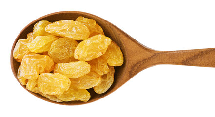 Wooden spoon with raisins isolated on white background.