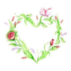 Frame for text in heart shapes made of drawn floral elements with green stems, rosebuds and a butterfly on a white background. Isolate. Copyspace