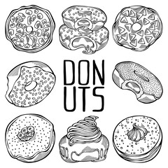 Hand drawn set of cartoon black and white donuts with different sprinkles isolated on white background. Pastry for menu design, cafe decoration and delivery box glazed cover. Vector illustration