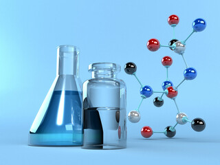 Chemistry lab flask with Atom molecule on isolated background. 3d illustration.