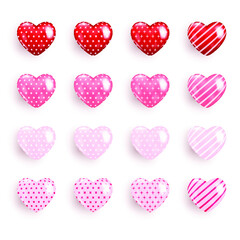 Realistic Valentine heart icon collection in different color, Symbol of love icon 3d style modern design isolated on white blank background. Vector illustration design.