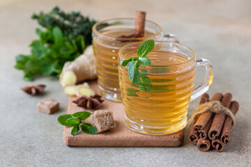 Green or herbal tea with fresh mint and thyme, cinnamon sticks, anise and ginger, light concrete background. Mint and thyme tea.