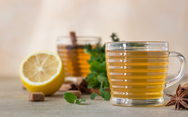 Green or herbal tea with fresh mint and thyme, cinnamon sticks, anise and ginger, light concrete background. Mint and thyme tea.