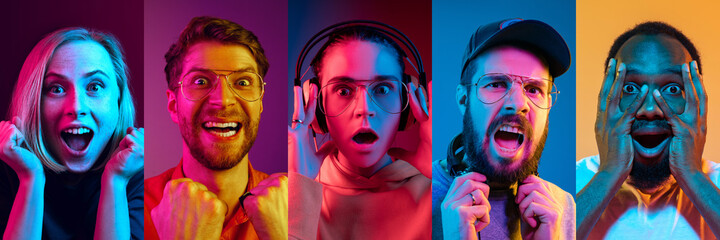 Collage of portraits of young emotional people on multicolored background in neon. Concept of human...