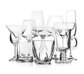 Set of new bar glassware on white background