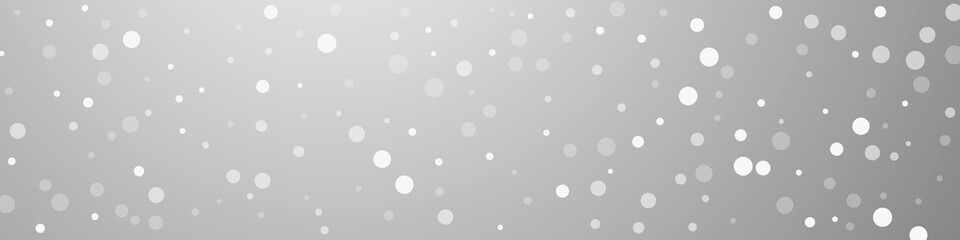 White dots Christmas background. Subtle flying snow flakes and stars on grey background. Bold winter silver snowflake overlay template. Pleasing panoramic illustration.