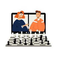 Two people plays chess online. Man and woman competing in chess from their laptop. Distant leisure activity concept vector illustration. Chess tournament at online chess club