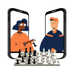 Two people plays chess online. Man and woman competing in chess from their smartphones. Distant leisure activity concept vector illustration. Chess tournament at online chess club
