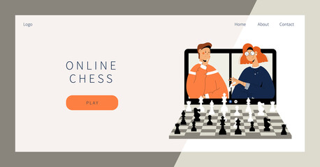 Online chess landing page. Two people plays chess online. Man and woman competing in chess from their laptops. Distant leisure activity concept illustration. Chess tournament at online chess club.