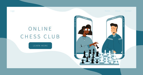 Online chess club landing page. Two people plays chess online. Man and woman competing in chess from their smartphones. Distant leisure activity concept. Chess tournament at online chess club.