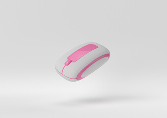 pink wireless mouse floating on white background. minimal concept idea. Pastel colors. 3d render.