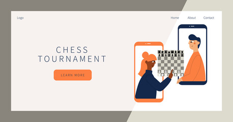 Chess tournament landing page. Two people plays chess online. Man and woman competing in chess from their smartphones. Distant leisure activity concept. Chess tournament at online chess club.