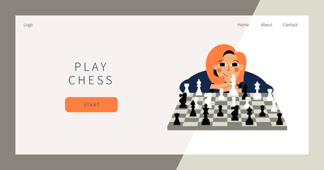 Play chess landing page. Cute girl plays chess. Young woman competing in chess. Leisure activity concept. Girl sitting with chessboard and chess figures. Woman thinking about next best move