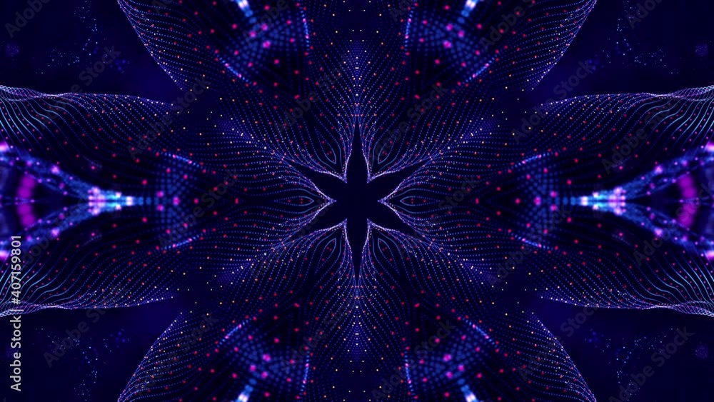 Poster glow particles form complex symmetrical structures like star or flower. kaleidoscopic effect. 4k loo
