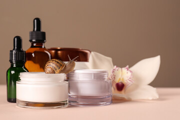 Organic cosmetics made with mucin, snail and beautiful flower on table. Space for text © New Africa