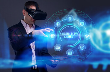  Business, Technology, Internet and network concept. Young businessman working on a virtual screen of the future and sees the inscription: Begin new career