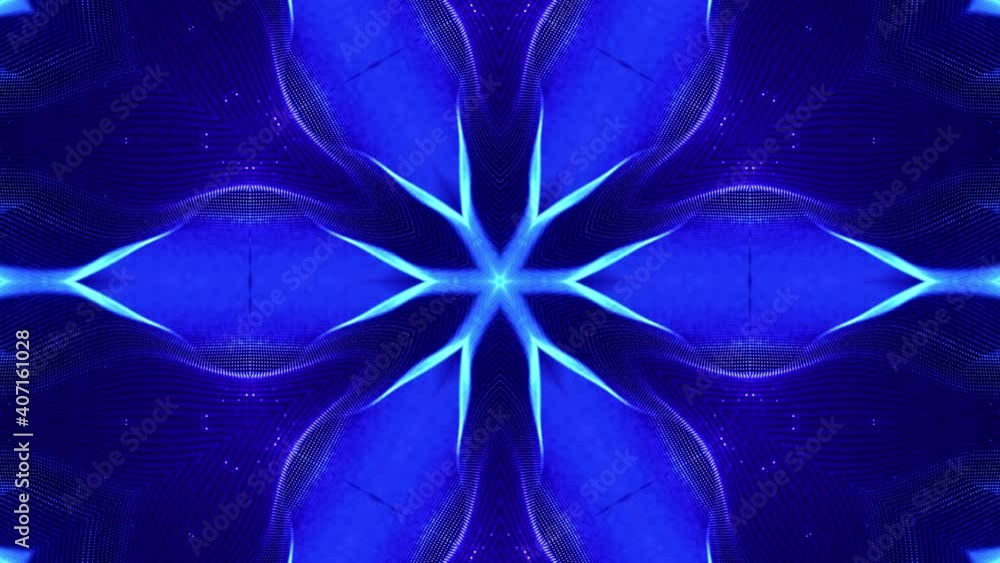 Poster glow particles form complex symmetrical structures like star or flower. kaleidoscopic effect. 4k loo