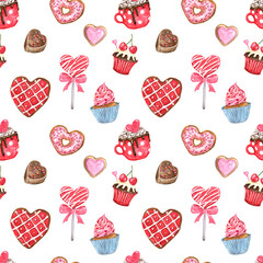 Watercolor romantic seamless pattern for Valentine's day. Hand painted pink and red holiday sweets, treats, dessert. Cocoa mug, candy, lollipop, love cookies, cupcake on white background, isolated.