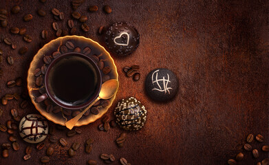 Obraz premium Coffee cup, saucer, golden spoon, scattered beans, chocolates, old dark brown wood, vintage style, 3d rendering