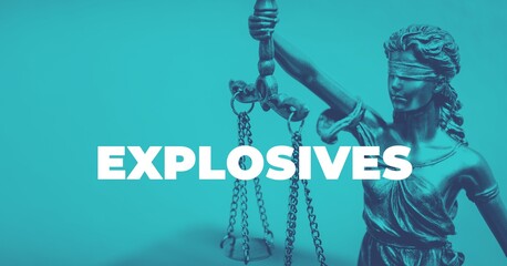 Explosives. Close-up of a Lady Justice Statue. Duotone blue with white text. Law and lawyer symbol.