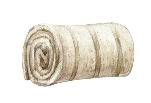 Rolled Blanket Watercolor Illustration. Cozy Folded Textile Cover Element. Wool Or Cotton Rolled Rug For Sleep Or Nap. Beige Folded Single Blanket With Stripes On White Background.