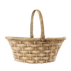 Obraz premium Wicker basket watercolor illustration. Hand drawn picnic container empty element. Rustic vintage straw basket with handle Isolated on white background. Vintage hamper image. 