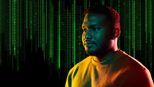 technology, cyberspace and programming concept - portrait of young african american man over binary code numbers on black background