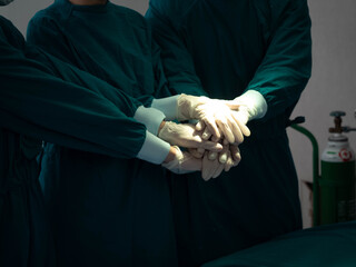 Hospital clinic laboratory operation emergency room doctor nurse scientist wear uniform medical glove hold hand cooperate together fight against covid-19 rsv corona virus disease treatment healthcare