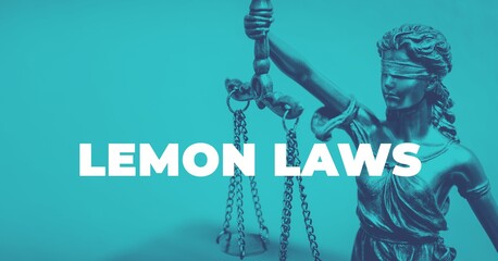 Lemon Laws. Close-up of a Lady Justice Statue. Duotone blue with white text. Law and lawyer symbol.