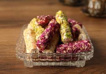 Turkish delight dessert on wooden table. Traditional sweet
