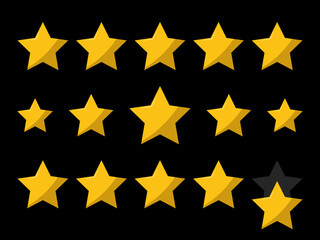 Yellow stars rating icon set on black background. Five stars of customer product rating review. Feedback icon for app and website.