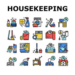 Housekeeping Cleaning Collection Icons Set Vector. Laundry, Window Sponge And Vacuum Cleaner. Washing Machine And Cleaning Service Worker Concept Linear Pictograms. Contour Color Illustrations