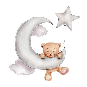 Naklejka Cute teddy bear with star balloon on the moon  watercolor hand drawn illustration  can be used for kid poster or card  with white isolated background