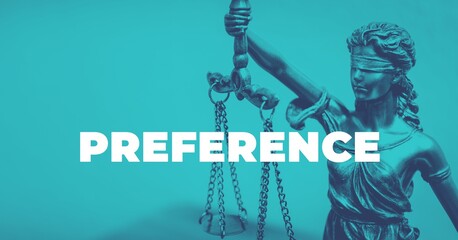 Preference. Close-up of a Lady Justice Statue. Duotone blue with white text. Law and lawyer symbol.