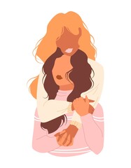 Two young women hug each other, concept friendship. Lesbian interracial couple. Girls with homosexual orientation. LGBT female same sex in romantic moment. Happy girlfriends. Vector stock illustration