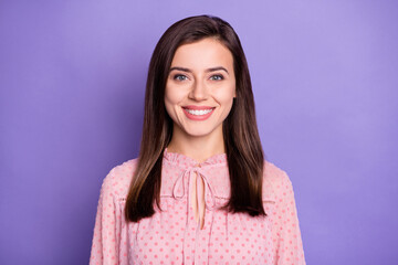 Fototapeta premium Portrait of gorgeous young girl toothy smile look camera wear vintage clothing isolated on violet color background